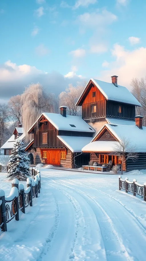 Prompt: (snowy northern german farm), serene winter landscape, covered in fresh white snow, rustic wooden barn, traditional thatched-roof house, frost-covered trees, crisp blue sky with soft clouds, tranquil ambiance, warm glow from windows, peaceful rural setting, charming farm life, (highly detailed), (4K), atmospheric winter scene.