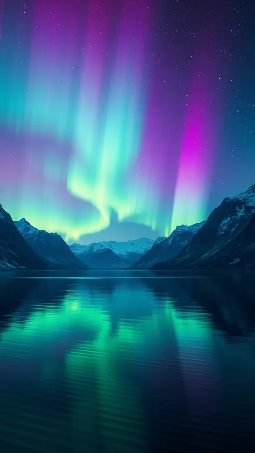 Prompt: (northern lights) breathtaking aurora borealis illuminating the sky, mesmerizing green and purple hues, tranquil fjord reflecting the vibrant colors, surrounded by majestic mountains, serene water surface, starry night ambiance, gentle ripples in the water, ultra-detailed, cinematic beauty, magical atmosphere, high-quality, immersive scenery.