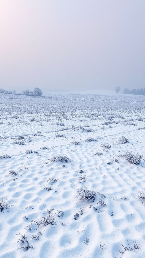 Prompt: (ethereal landscape), fields in Britain dusted with snow, wind blowing snow drifts across the scene, tranquil and serene atmosphere, soft cold light illuminating the fields, muted color tones of white and pale blue, distant trees barely visible, intricate snow patterns forming, inviting depth in the snowy terrain, (4K, ultra-detailed)