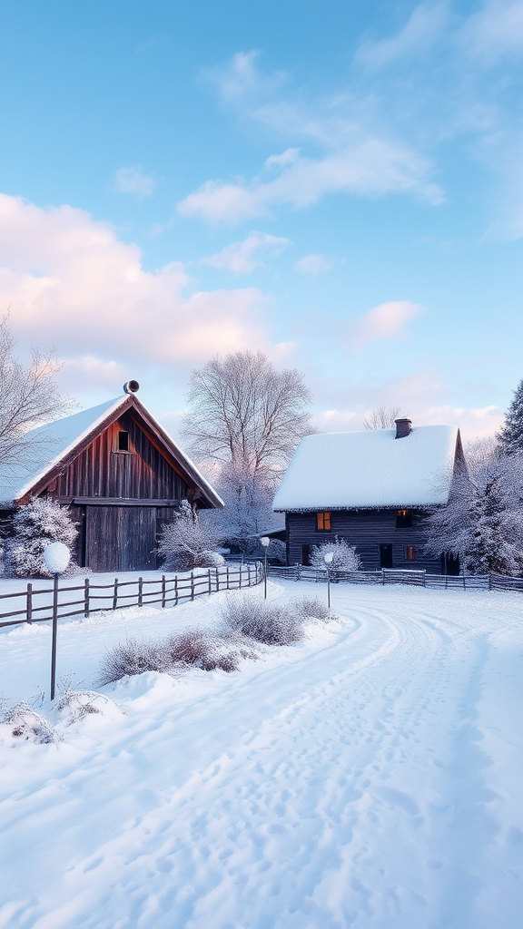 Prompt: (snowy northern german farm), serene winter landscape, covered in fresh white snow, rustic wooden barn, traditional thatched-roof house, frost-covered trees, crisp blue sky with soft clouds, tranquil ambiance, warm glow from windows, peaceful rural setting, charming farm life, (highly detailed), (4K), atmospheric winter scene.