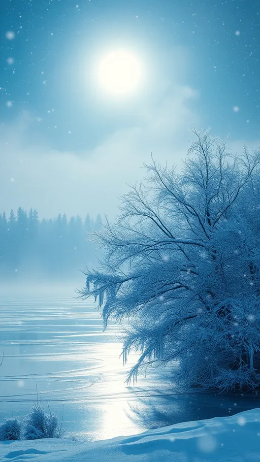 Prompt: (ethereal winter landscape), soft falling snowflakes, luminous moonlight reflecting on a frozen lake, beautiful frosted trees with sparkling icicles, peaceful, serene atmosphere, misty horizon, cool tones of blue and silver, high depth cinematic masterpiece, ultra-detailed winter scenery, tranquil and magical vibe, enchanting winter wonderland.