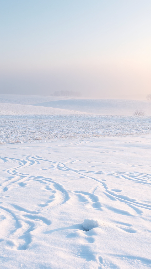 Prompt: (ethereal landscape), fields in Britain dusted with snow, wind blowing snow drifts across the scene, tranquil and serene atmosphere, soft cold light illuminating the fields, muted color tones of white and pale blue, distant trees barely visible, intricate snow patterns forming, inviting depth in the snowy terrain, (4K, ultra-detailed)