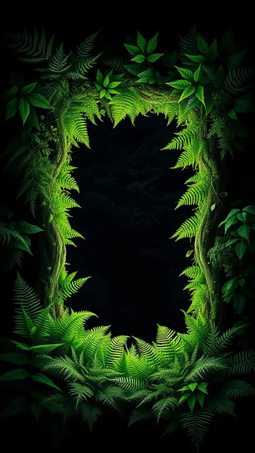 Prompt: (picture frame) formed by (lush forest trees) and (vibrant green ferns), (no picture inside), deep (black background), enchanting and serene ambiance, showcasing a rich array of (textures and shapes) from the foliage, ultra-detailed and (high quality), ideal for an ethereal and nature-inspired atmosphere, captivating viewer's imagination.