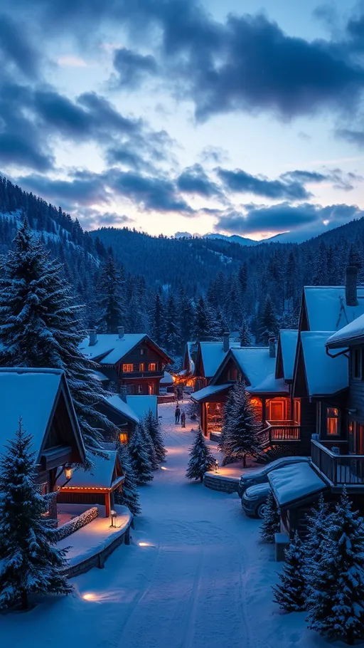 Prompt: (alpine winter village), cozy evening ambiance, snow gently drifting, warm glowing lights in windows, soft snow covering rooftops, serene atmosphere, beautiful pine trees, twilight sky with shades of deep blue and purple, reflective surfaces, peaceful tranquility, inviting warm tones against a frosty backdrop, ultra-detailed, HD quality, tranquil landscape, winter wonderland scenery