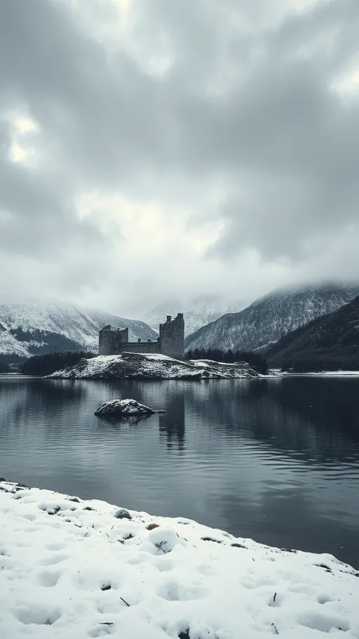 Prompt: Scottish highland lake with castle ruins, (winter wonderland), snow gently falling, serene atmosphere, (majestic landscape), reflective crystal-clear waters, muted color tones of gray and white, dramatic clouds overhead, (ultra-detailed), nature's tranquility, enchanting scene, picturesque view, (4K resolution), hints of rugged hillside in the background, winter chill enchantment.