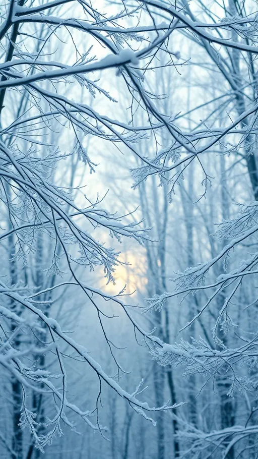 Prompt: (ephemeral winter forest), snow drifting gently, serene atmosphere, soft white snow covering tree branches, peaceful and tranquil ambiance, muted color tones with cool blues and greys, intricate details of frost on leaves, a misty background with hint of sunlight filtering through, (4K) ultra-detailed, capturing the magic of a fleeting winter landscape.