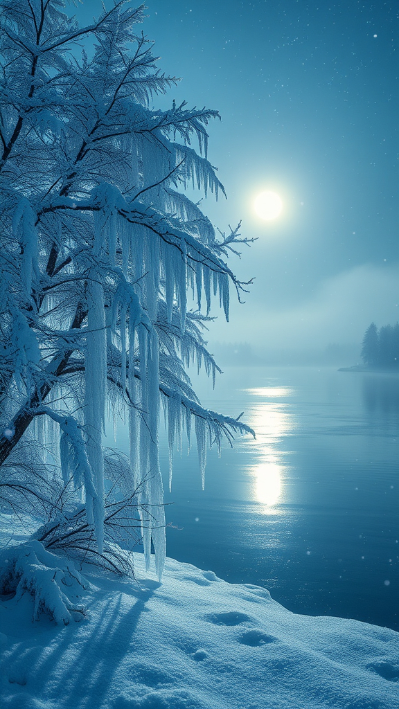 Prompt: (ethereal winter landscape), soft falling snowflakes, luminous moonlight reflecting on a frozen lake, beautiful frosted trees with sparkling icicles, peaceful, serene atmosphere, misty horizon, cool tones of blue and silver, high depth cinematic masterpiece, ultra-detailed winter scenery, tranquil and magical vibe, enchanting winter wonderland.