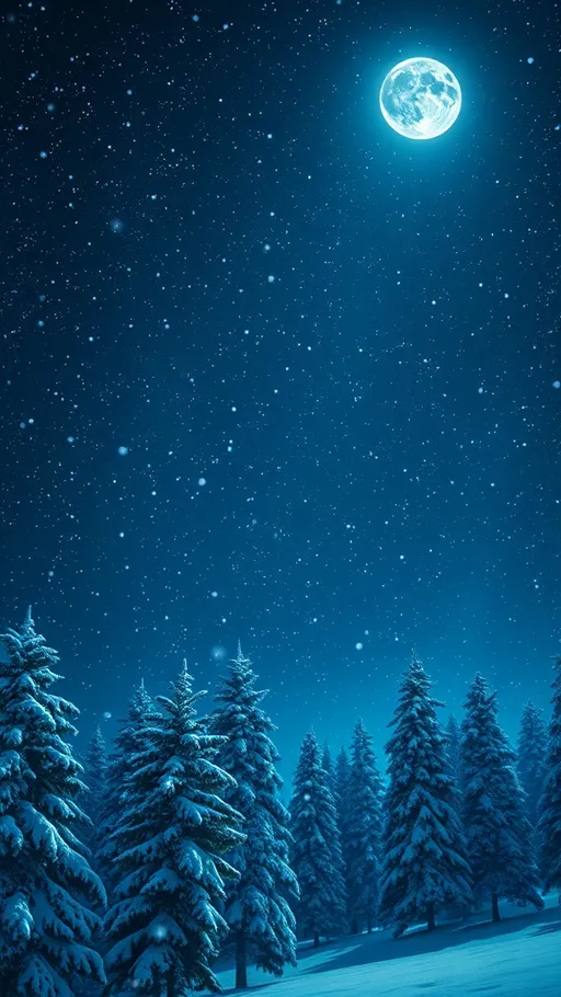 Prompt: starry winter night, (incredible night sky), sparkling stars, gentle snowflakes falling, serene and tranquil ambiance, (cool, crisp air), moonlight illuminating the snow-covered landscape, (highly detailed), tranquil atmosphere, peaceful scenery with evergreen trees, subtle shades of blue and white, (4K resolution), magical and whimsical mood.