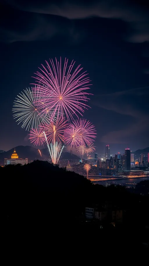 Prompt: (fireworks over city), vibrant colors exploding in the night sky, lush urban skyline silhouetted below, (illuminated buildings), a serene atmosphere filled with joy and excitement, (dynamic bursts of light), reflections shimmering on water, (4K resolution), dreamy ambiance with swirling skies, night time setting.