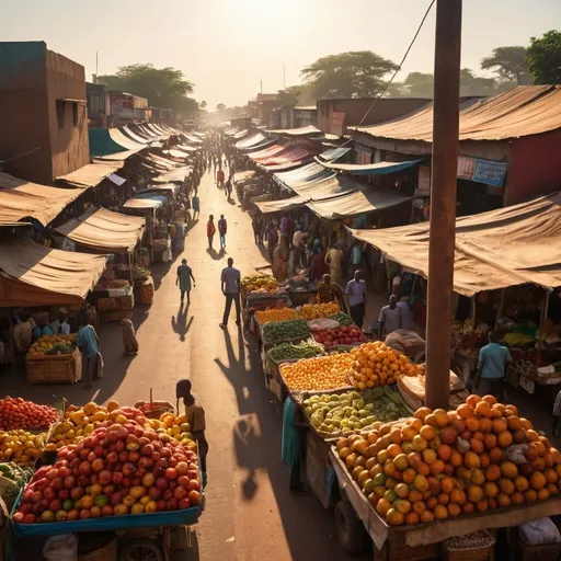 Prompt: (spiderman), standing atop a streetpole, gazing down at a bustling African marketplace, vibrant colors, rich textures of market stalls, fruits and vegetables, people engaged in lively trade, warm golden sunlight casting long shadows, dynamic perspective, lively atmosphere, emphasis on detail and depth, (4K), high-definition imagery, cinematic vibe.