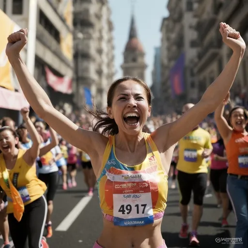 Prompt: a woman celebrating in a marathon with her arms in the air and her hands in the air with her hands raised, Art & Language, figuration libre, stanley artgerm lau, a photorealistic painting