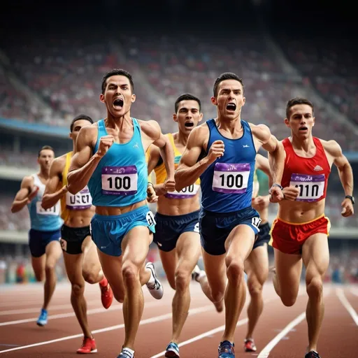 Prompt: (olympics 10,000 meter running), dynamic action scene, athletes in motion, high energy, intense competition, vivid colors, dramatic lighting, (stadium background), cheering crowd, intricate details of athletes' expressions, sweat, determination, ultra-detailed, high-resolution, capturing the essence of endurance and spirit in sports, vibrant atmosphere.