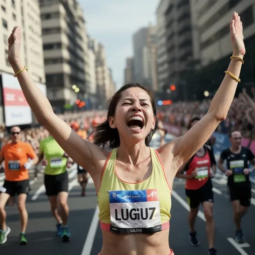 Prompt: a woman celebrating in a marathon with her arms in the air and her hands in the air with her hands raised, Art & Language, figuration libre, stanley artgerm lau, a photorealistic painting