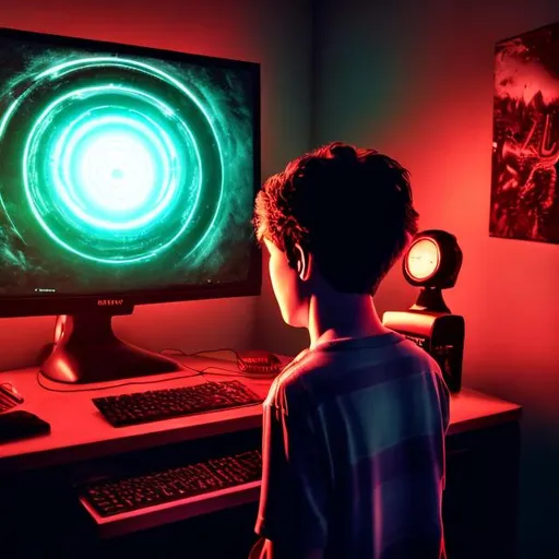Prompt: weird preteen boy standing in front of a desktop computer hypnotized by the screen, young boy's back is to the camera, dark room, bright computer screen, the boy is entranced on the computer, weird and eerie setting, warm colors, red, black