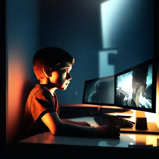 Prompt: Young boy sitting in front of desktop computer in the dark, eerie and ominous vibe, little boy entranced by computer screen, little boy watching things he is not allowed to see, hiding and sneaking from parents
