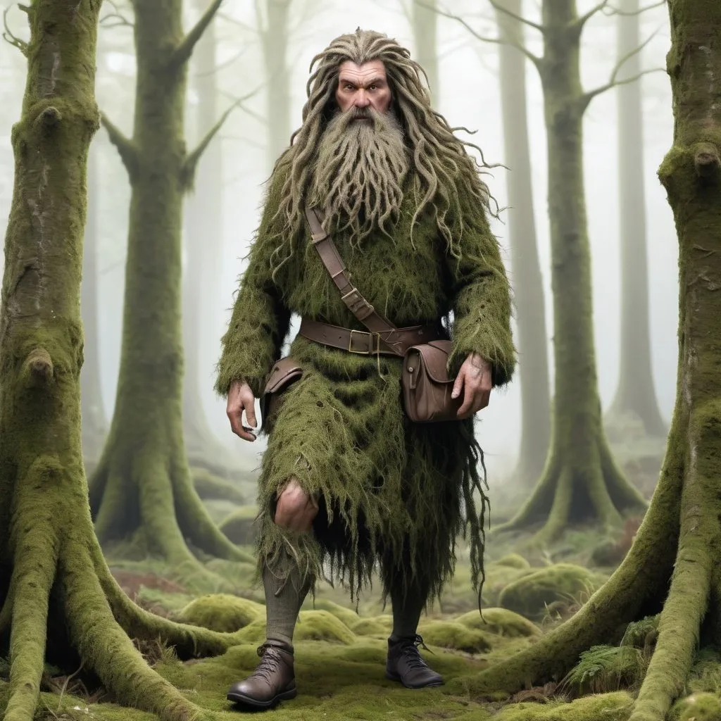 Prompt: A photorealistic full length image of the legendary Ghillie Dhu, a tall, lean man with wild hair and skin the color of moss, allowing it to blend seamlessly into his woodland surroundings