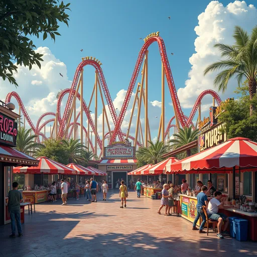 Prompt: A really cool theme park with hotdog stands seven rides bathroom stalls, movie theaters and really tall roller coasters