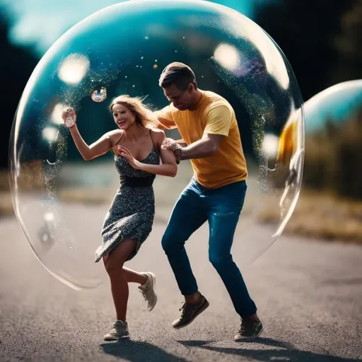 Prompt: A woman in a transparent bubble is moving away from a man, while the man, happily, is cutting the ropes that bound him to that bubble.