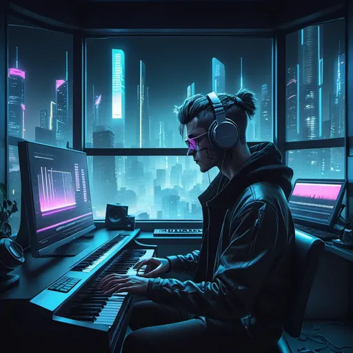 Prompt: cyberpunk, future city, night, window, professional composer, headphone, cubase, daw, piano