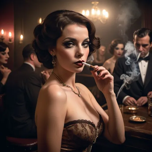 Prompt: burlesque dancer, chic French lady, deep chestnut brown hair, smokey club, high quality, burlesque, dark and moody, detailed facial features, vintage glamour, atmospheric lighting, men in background leering and smoking cigars
