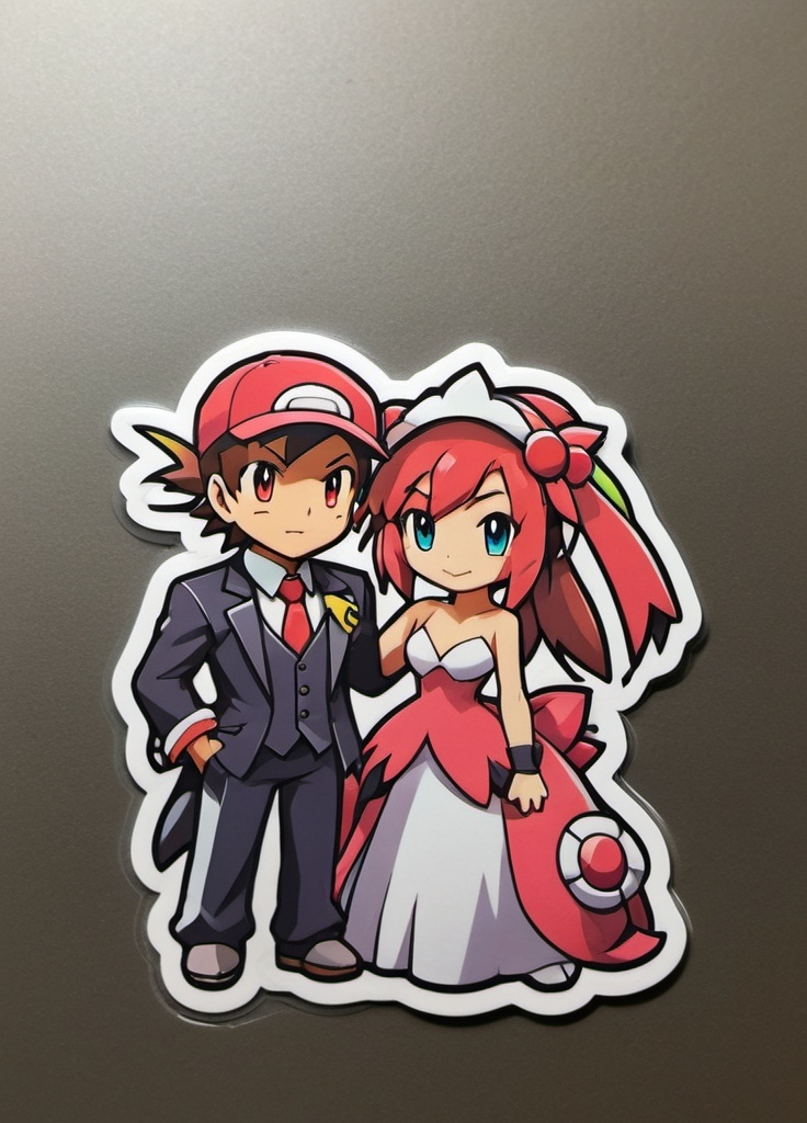 Prompt: Create an image of a male and a female Pokemon trainer sprite using the given image as inspiration. Include wedding themes.