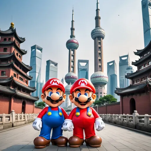 Prompt: Create a imagine of Mario and Luigi in Shanghai
