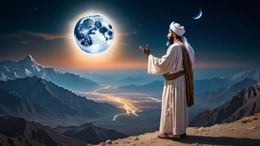 Prompt: Wide angle scene of (Prophet Muhammad) splitting the moon, dramatized celestial phenomenon, vibrant colors illuminating the sky, enhanced with deep blues and radiant white hues, expansive landscape with awe-struck onlookers, majestic mountains in the background, intense emotions captured, (ultra-detailed), high contrast lighting, capturing the miraculous moment in a breathtaking and dynamic composition.