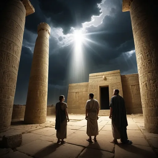 Prompt: Wide-angle ancient Babylon, beam of light from heaven on a man, dark cloud covering a couple standing nearby, dramatic lighting, historical, ancient, ruins, mysterious atmosphere, high quality, detailed, realistic, wide-angle view, biblical, ancient Babylon, heavenly light, dark cloud, couple, dramatic atmosphere