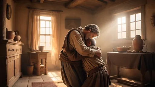 Prompt: Wide angle (Ancient times scene), (prodigal son embracing father), warm golden light spilling from above, (divine atmosphere), emotional reunion, intricate clothing detailing, rustic home environment, soft, ethereal glow, rich textures in fabrics and background elements, high drama in expressions, (ultra-detailed), heartwarming ambiance.