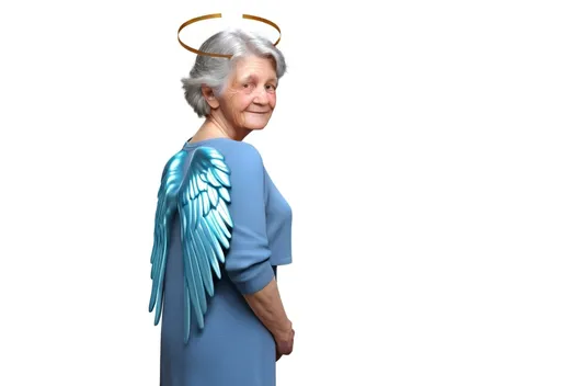 Prompt: Take the image of the person from the uploaded picture and create a realistic 3D images of the person with angel wings to remember her 80th posthumous birthday