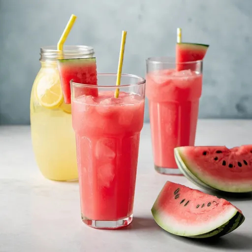 Prompt: Lemonade in a beverage glass and watermelon frozen in a plastic beverage glass