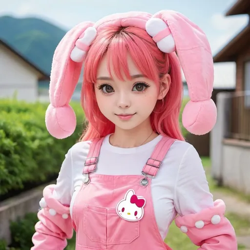 Prompt: my melody in pink overalls anime girl


