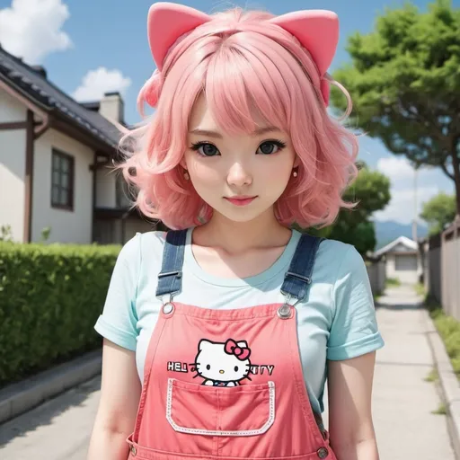 Prompt: hello kitty wearing overalls in anime 
girl

