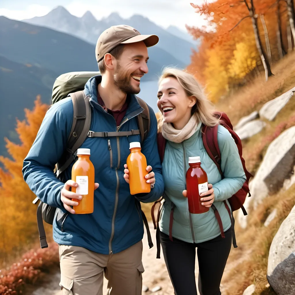 Prompt: Photo realistic picture, a european couple hiking on a mountain during autumn on a sunny day, the couple are holding each a 500ml bottle while laughing happily together