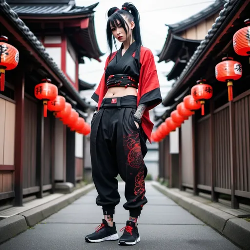 Prompt: Tall, long black hair tied in a bun, wearing black tech wear pants, tech wear shoes, japanese cityscape, black and red haori adorned with oni, prayer bead necklace, irezumi tattoos, detailed, Japanese, smolder, techwear, futuristic, streetwear