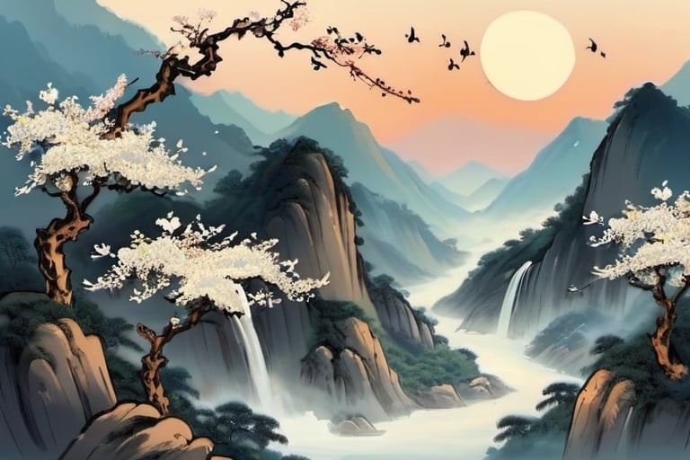 Prompt: idle people,osmanthus fall silently,tranquil mountains are empty in the night,moon rising,startling birds in the mountains,causing them to sing intermittently in the spring ravine,waterfall down the mountain,birds flying around