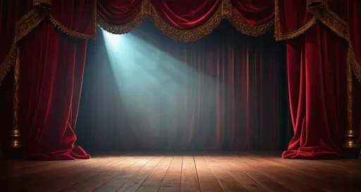 Prompt: (Classic theater stage), softly lit, warm golden lighting, rich red velvet curtains, intricate ornamental details, wooden stage floor, vintage ambiance, dramatic atmosphere, soft shadows, theatrical mood, depth and texture, ultra-detailed, 4K, high resolution, cinematic quality.