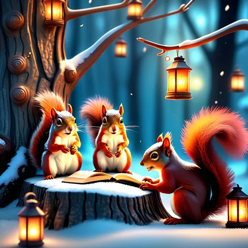 Prompt: (fantasy scene) playful group of squirrels, (vibrant colors), cozy winter ambiance, fluffy snowflakes falling from the sky, textured bark of a large mystical tree, warm glowing lanterns, scattered food, tiny cups and books, intense gambling moments, enchanted forest background, whimsical movie screens glowing softly, (highly detailed) 4K, cheerful mood, (dynamic) lively interactions, imaginative storytelling atmosphere, magical realism.