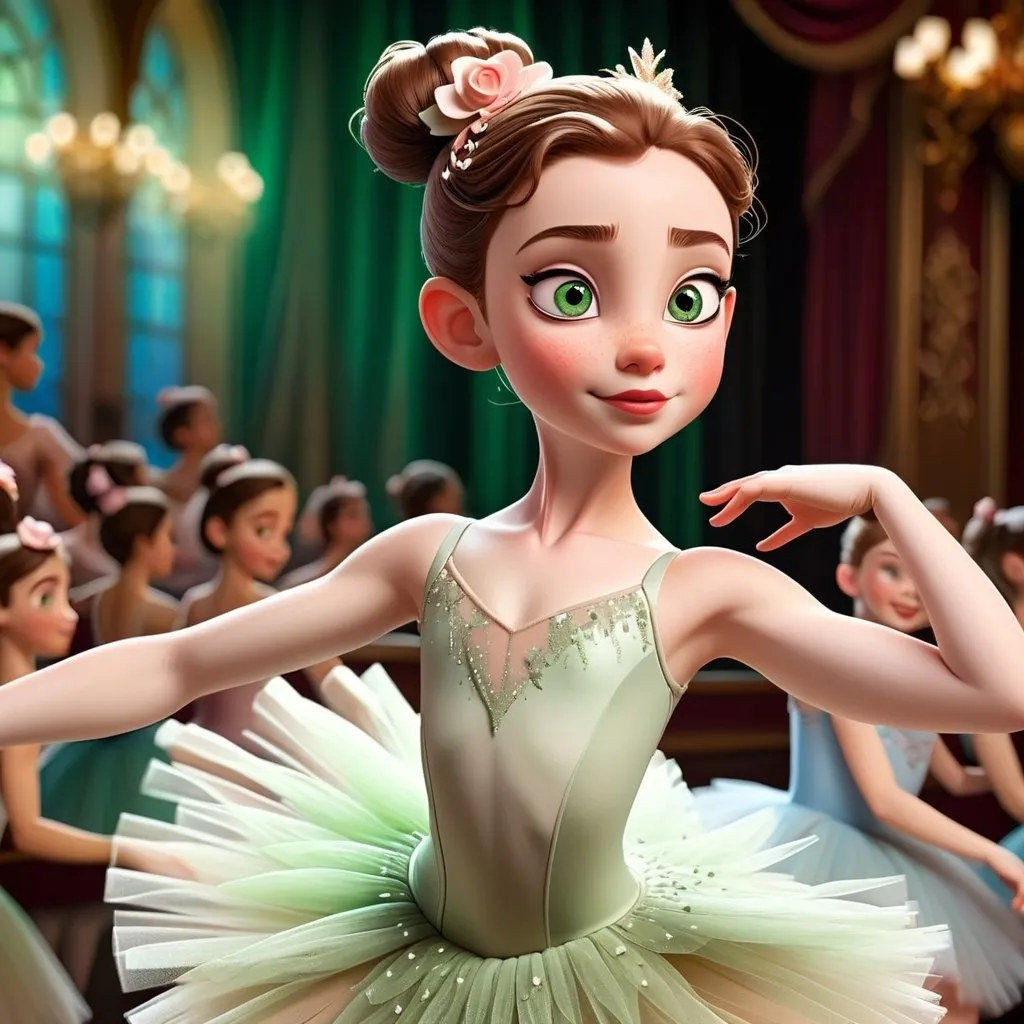 Prompt: Disney like , beautiful ballerina , age 12 , white skin, green eyes , brown hair , with a smile on her face , dressed in tutu and dancing in a beautiful theater
