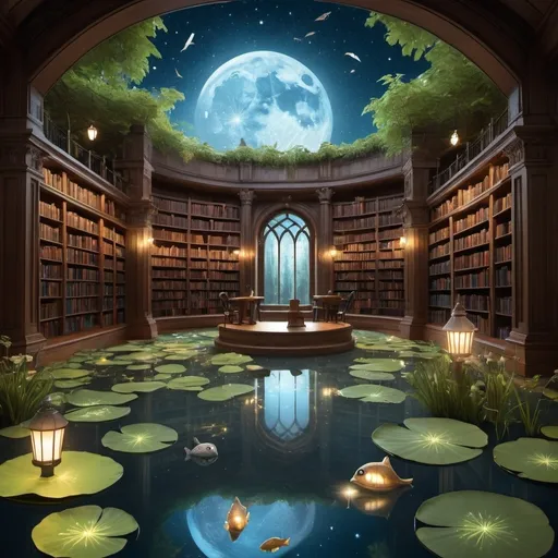 Prompt: Imagine a fantastical library floating on a giant lily pad in the middle of an ethereal, glowing lake under a starry night sky. The library is an eclectic mix of ancient and modern styles, with towering bookshelves made of twisting vines and crystal. Inside, books with animated covers flutter around like birds, and some of them project holographic images of their stories. There are cozy reading nooks with floating lanterns, and a whimsical librarian—a wise old owl wearing tiny spectacles—guides visitors. Outside, the lily pad is surrounded by bioluminescent fish and plants, and a bridge made of moonbeams connects the library to a distant, enchanted forest. The overall atmosphere should be one of serene magic and boundless knowledge.