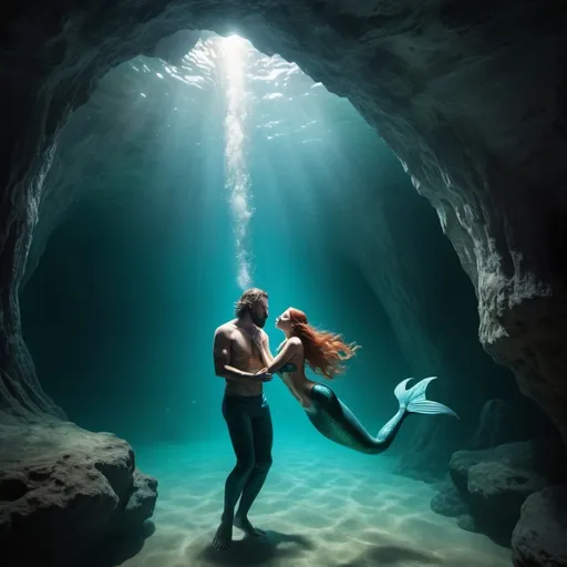 Prompt: mermaid in sea cave breathing air into a drowning human man saving him before he drowns
