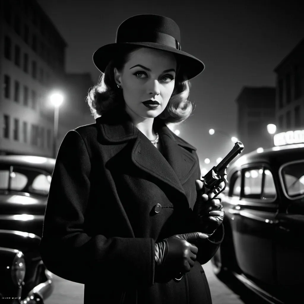 Prompt: Noir night photography, woman, black coat and hat, 1950s, holding revolver, city background, car with headlights on, shadows