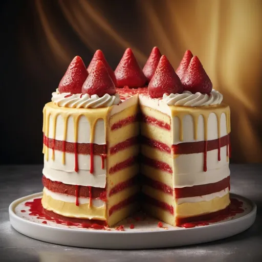Prompt: torta a due strati piramidali, rivestita di crema gialla con strisce rosse, splash, background avorio scuro con texture sfumato, luce soft da studio, nitida