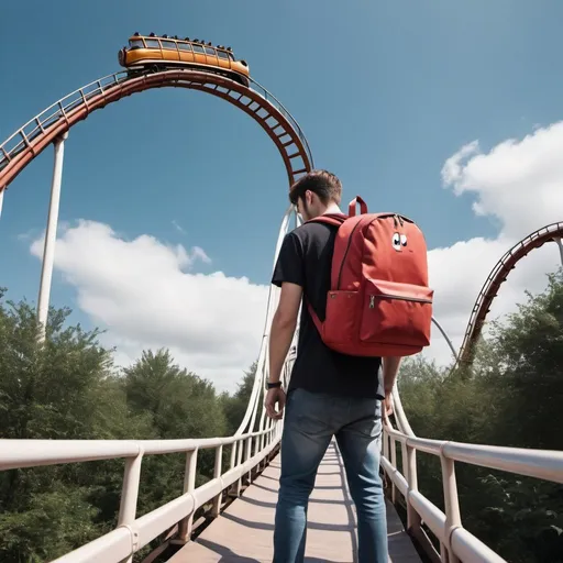 Prompt: Create an imaginative photo where a rollercoaster emerges from a backpack (No Human), blending reality with fantasy in a single captivating shot."