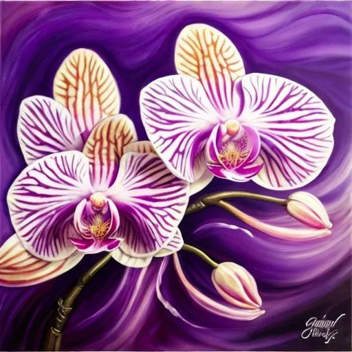 Prompt: Purple and white orchid with colorful swirls, vibrant floral painting, high quality, oil painting, impressionism, rich purple tones, delicate petals, swirling and vibrant background, detailed brushstrokes, elegant composition, professional, artistic, rich color palette, atmospheric lighting