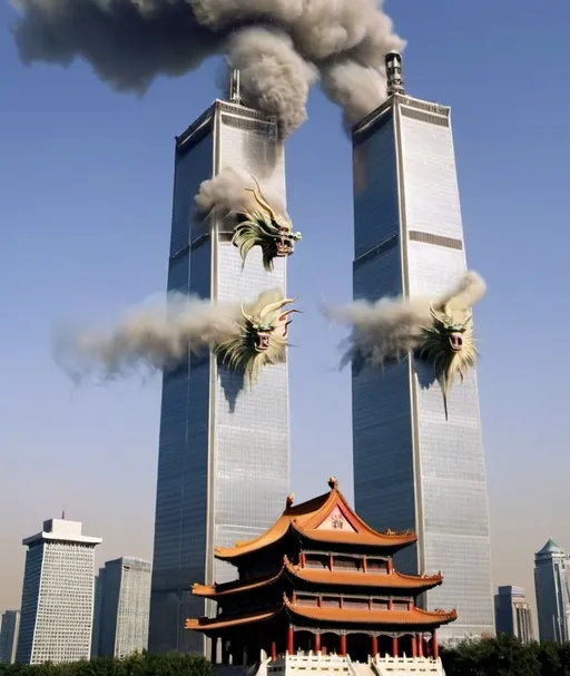 Prompt: the twin towers as extremely chinese temples , very chinese being hit by a chinese dragon, like the ones who dance, the dragon is frowning and crying at the camera. the twin towers are built in the style of a chinese temple. please include the twin towers 