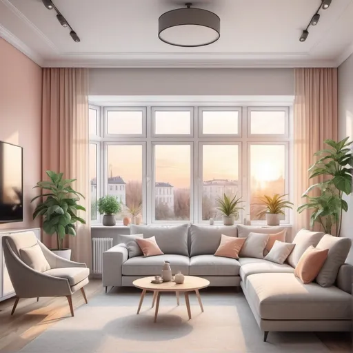 Prompt: 



Room in eclectic style with a large panoramic window.Pastel colors are used: white, beige, gray.The walls are framed, the floor is laminate.Modern fixtures. There are indoor plants. 

Large sofa, armchair, coffee table, TV, picture. Outside the window sunrise.


