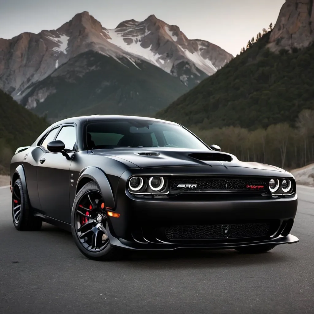 Prompt: an elegant matte black dodge srt hellcat with mountainous environment