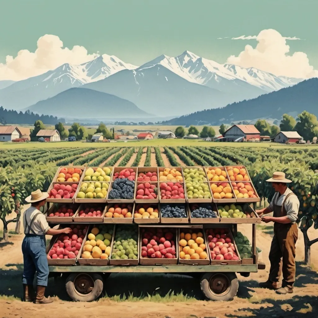 Prompt: Vintage fruit stand art with mountains and orchard workers in the distance