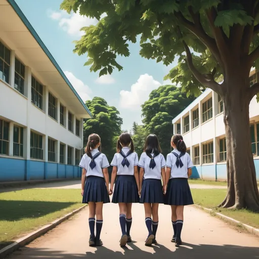 Prompt: school surrounded with trees backgroud, two girls' back who are wearing school uniforms and two girls away from them